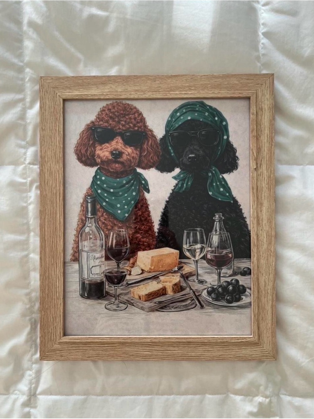 Framed 8x10 Dog Dinner Print - Two Poodles with Green Bandanas